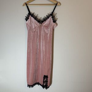Y2K Slip Dress Women‎ XL Pink Velour Lace Trim Babydoll Fairy Camisole Goth 90s